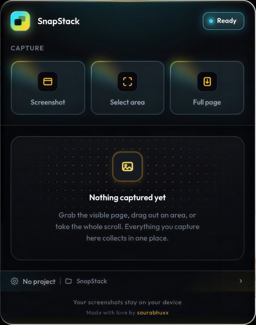 SnapStack capture screen with Full page, Screenshot, and Select area controls