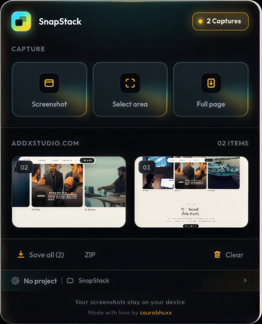 SnapStack Chrome extension popup showing Screenshot, Select area, and Full page capture buttons, plus two saved webpage screenshots from a site session
