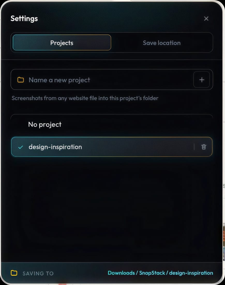 SnapStack Projects settings with a design-inspiration project selected