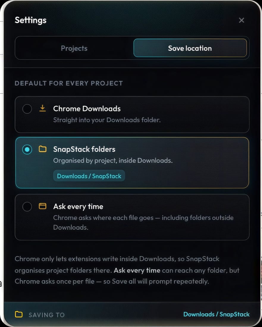SnapStack save location settings with Chrome Downloads, SnapStack folders, and Ask every time